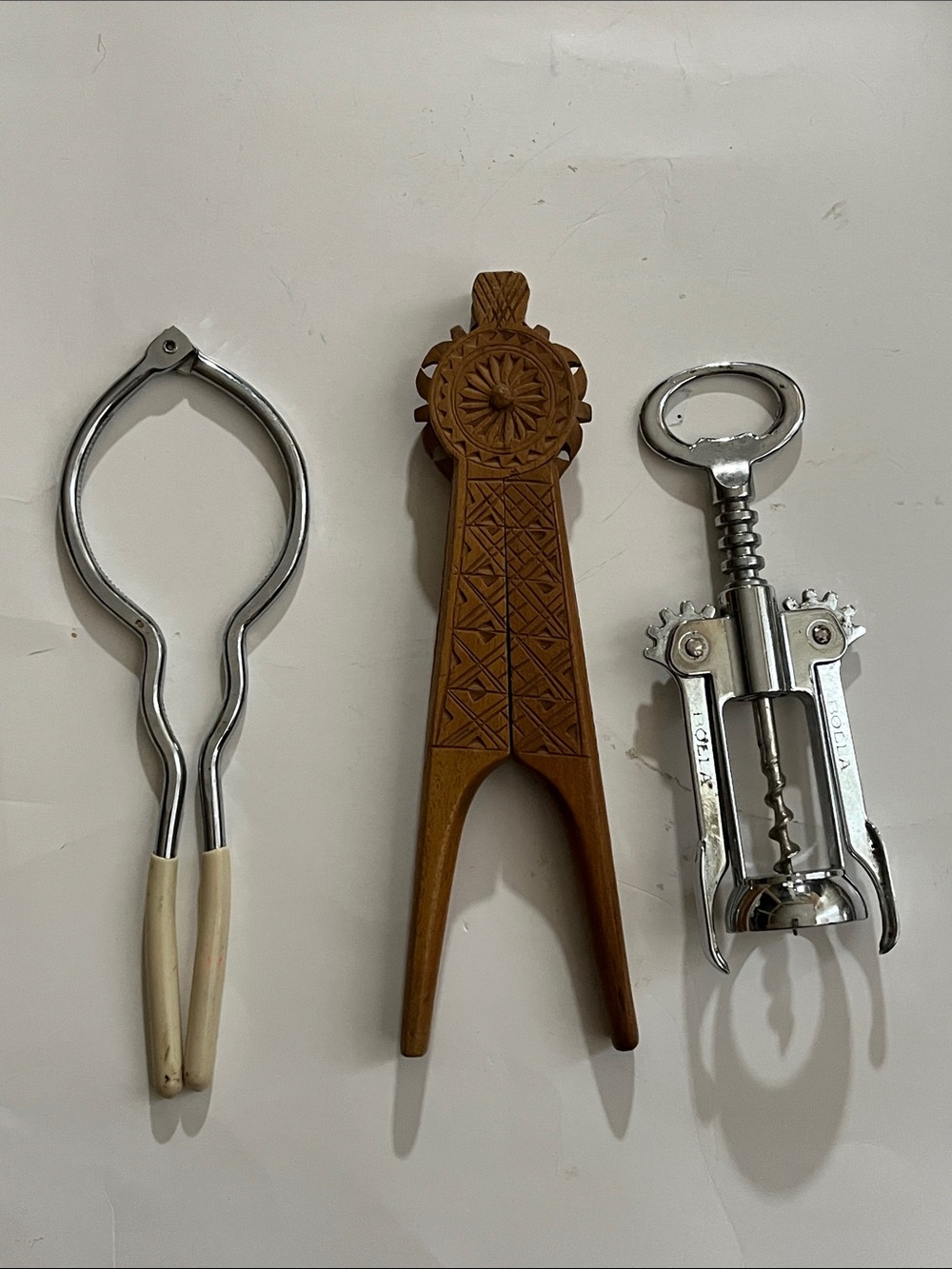 vintage jar opener wooden folk art nut cracker Bolla  Italian corkscrew opener.